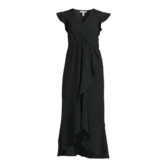 Nine Eight New York Flutter Sleeve Faux Wrap Maxi Black Dress Womens Size XS - Picture 1 of 12
